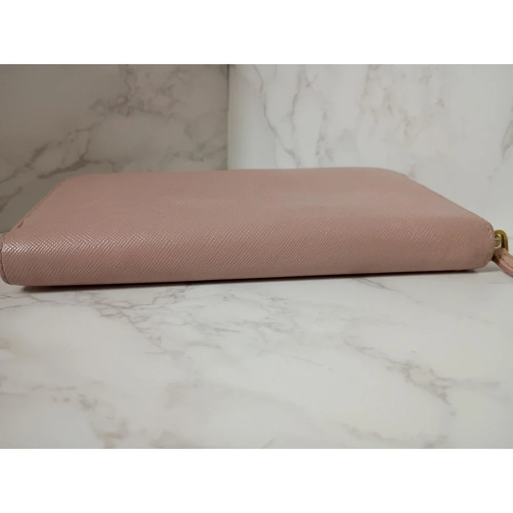 PRADA Light Pink Saffiano Leather Bow Zip-Around Wallet